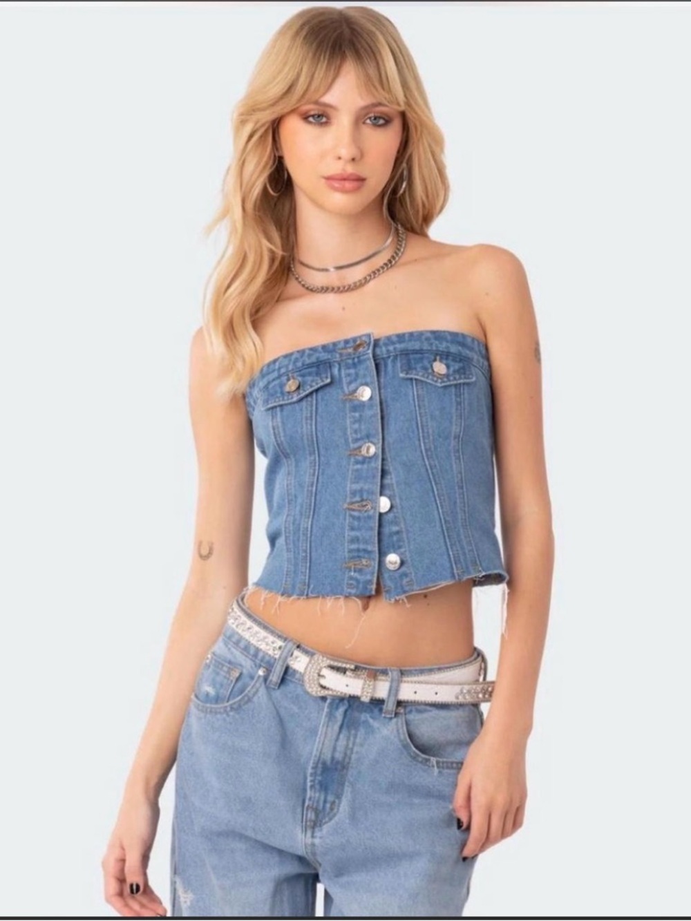 Edikted Blue Strapless Denim Button-Front Crop Top